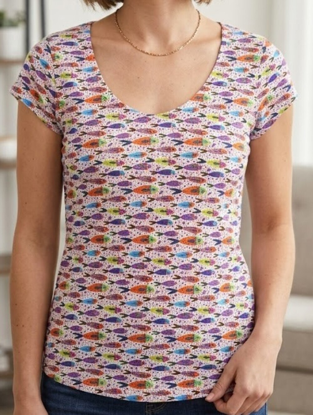 Salaam Dolman Sleeve Scoop Neck Fish Print Tee  M